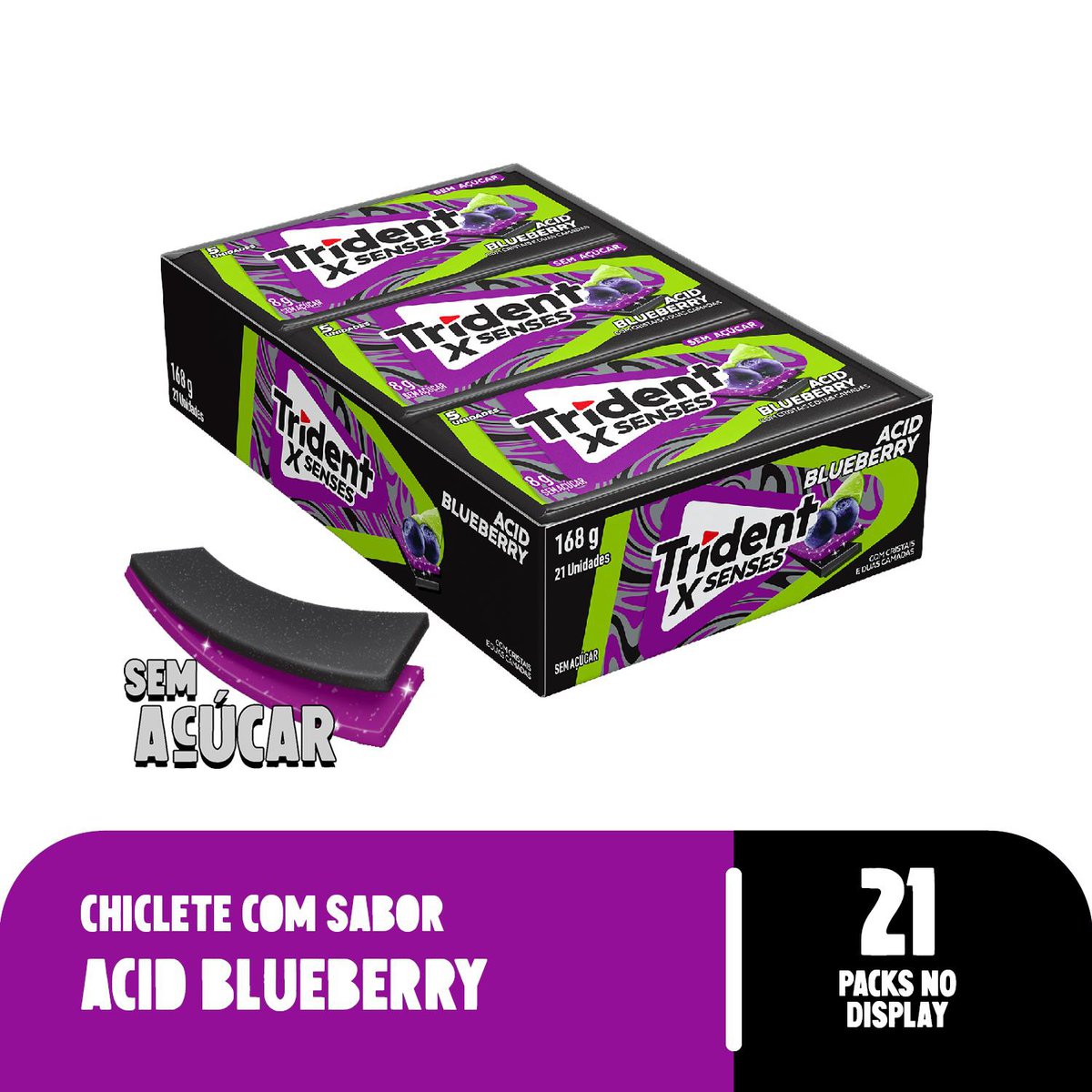 Chiclete Trident Xsenses Acid Blueberry Sem Açúcar Caixa C/ 21
